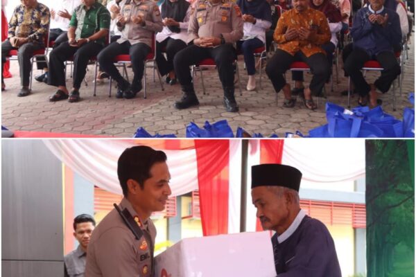 Kapolres Rohul AKBP Emil Eka putra didampingi Kompol Sordaman polres Rohul Salurkan Bantuan Sosial dalam Rangka Hari Bhayangkara ke-79